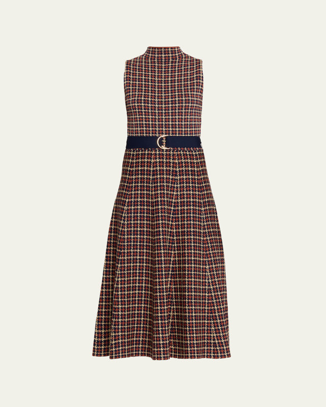 Brice Belted Plaid Knit Midi Dress